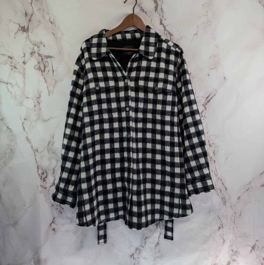 TALBOTS Shirt Jacket Womens 2X Wool Black White Plaid Button Up Sash Buffalo